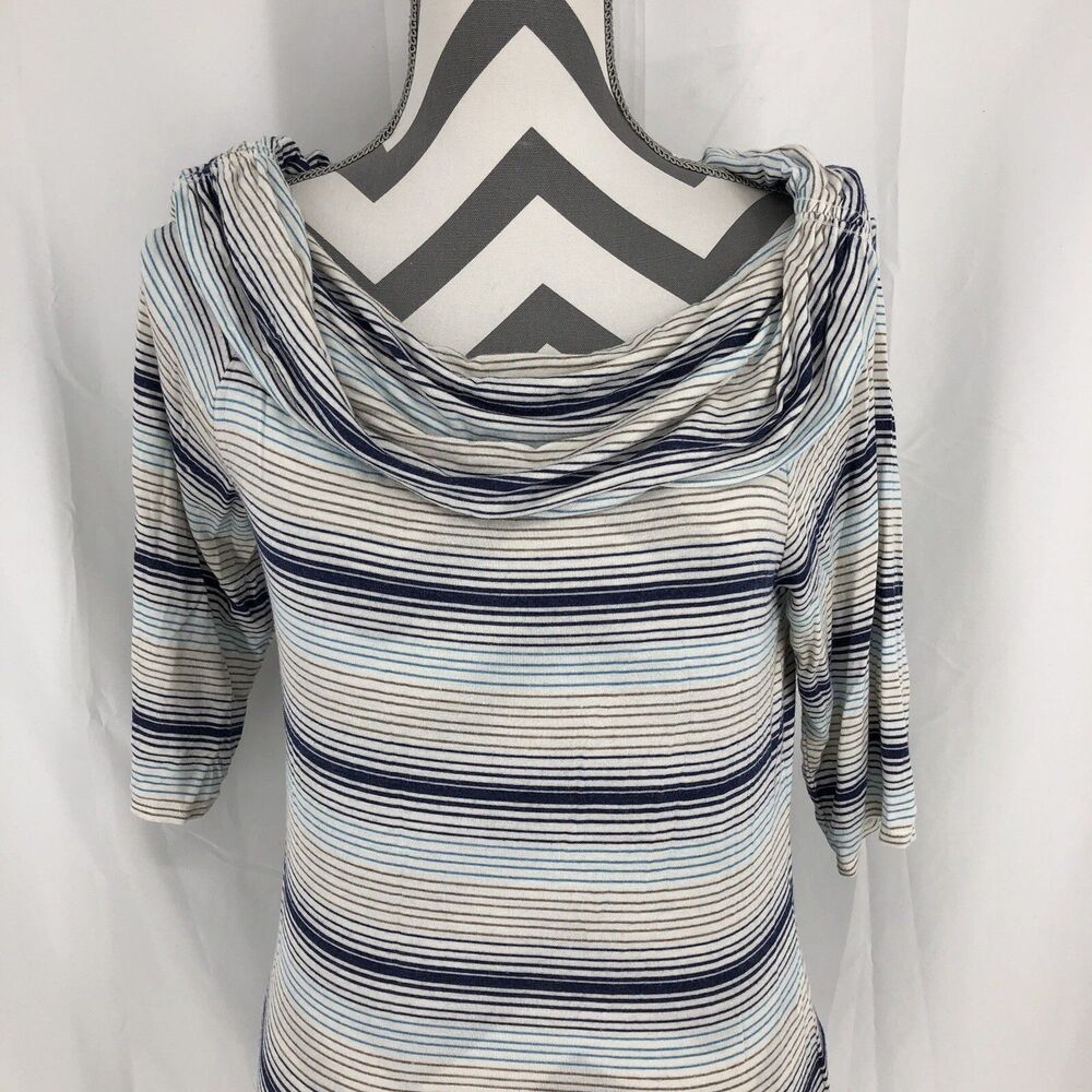 Max Studio Soft Cowl Neck Raglan Short Sleeve Blue White Striped Shirt Large